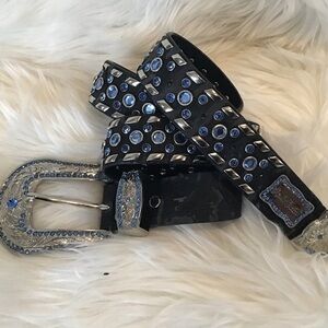 Western leather Show belt, blue crystals, 3”x4” buckle Rustic Couture 1.5” w 36